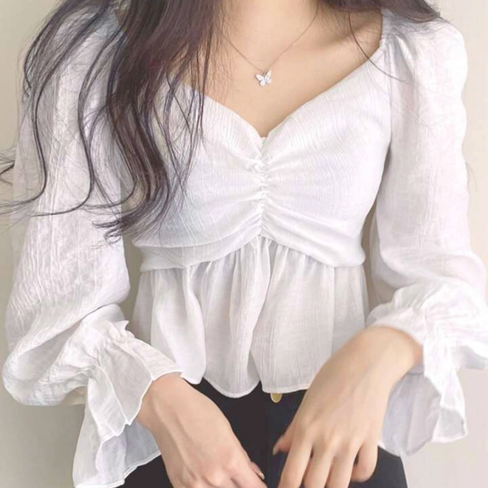 ❌ SOLD! Ruched Bust Flounce Sleeve Peplum Blouse